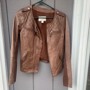 Women’s Hinge Brown Genuine Leather Zip Up Jacket with Quilted Details, size S